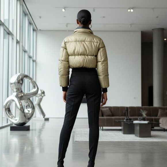 New BAE Metallic Gold Panel Zipper Up Crop Puff Puffer Coat Jacket L 8/10 - Picture 2 of 6